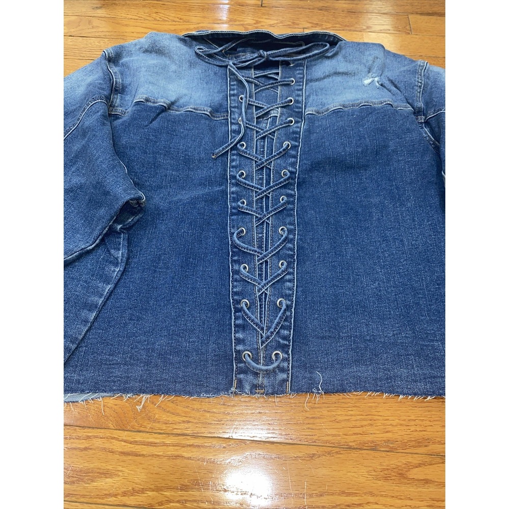 Ashley Stewart Jean Jacket Womens Plus 22 24 Blue Cropped Lace Up Back NWT Denim - Picture 6 of 6